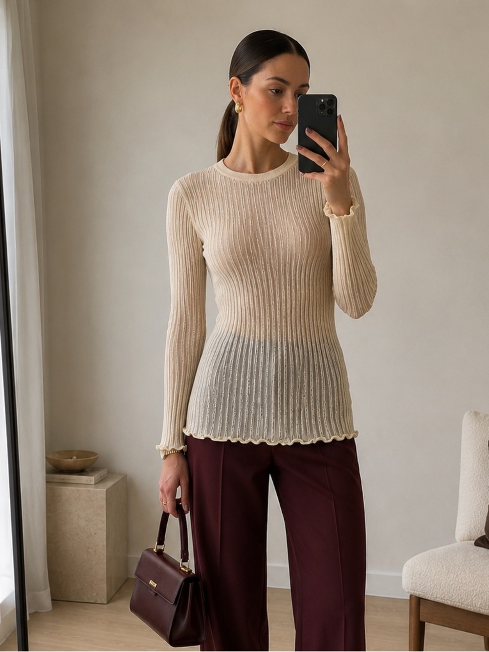 H&M Edition Sheer Ribbed Knit Long Sleeve Top Ivory Cream Size S